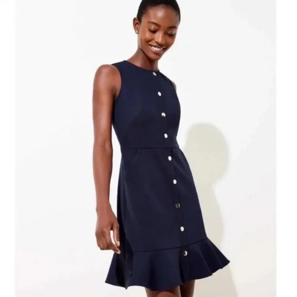 Loft Womens 14 Navy Blue Gold Button Front Zip Back Sleeveless Ruffle Hem Dress